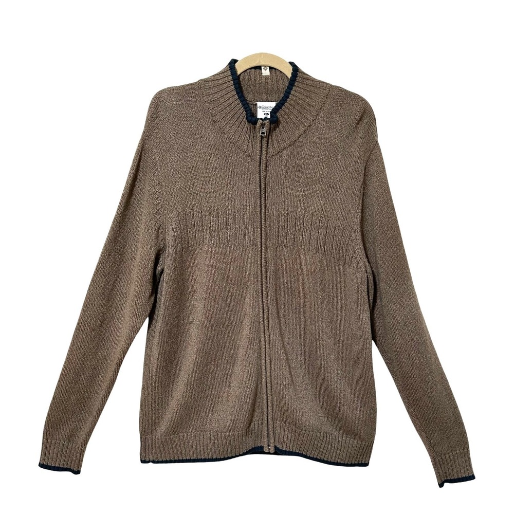 Columbia Mens Full Zip Knit Cardigan Sweater XL Beige Tan Cotton Heavyweight EUC